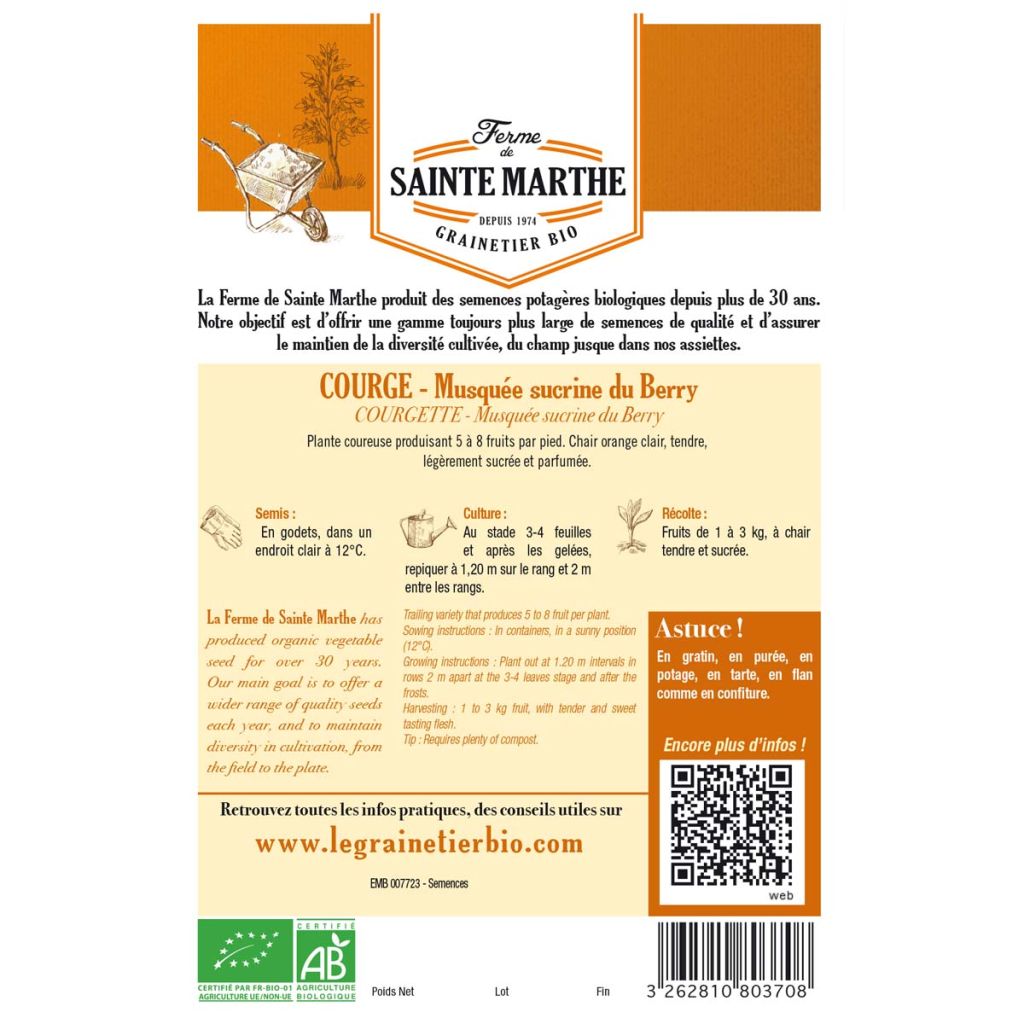 Butternut Squash Sucrine du Berry - Ferme de Sainte Marthe Seeds