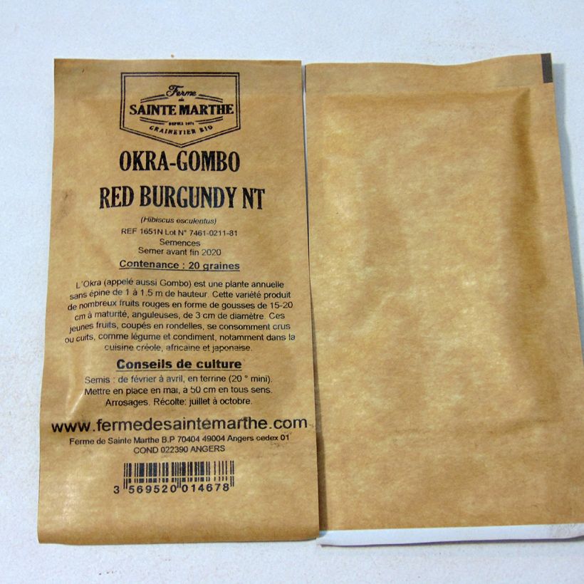 Example of Okra Gombo Red Burgundy NT - Ferme de Sainte Marthe seeds specimen as delivered