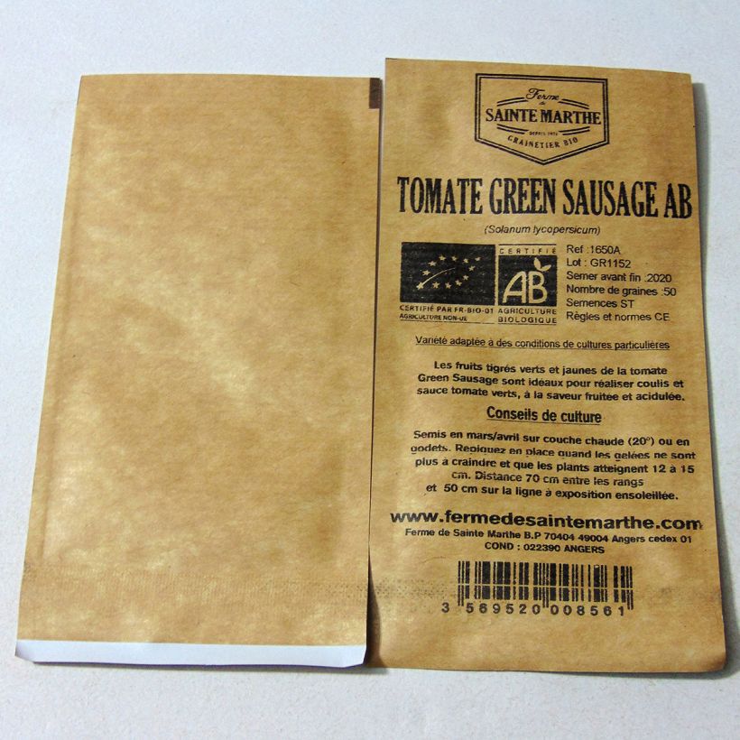 Example of Green Sausage Organic Tomato - Ferme de Sainte Marthe seeds specimen as delivered
