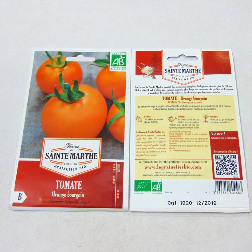 Example of Orange Bourgoin Organic Tomato - Ferme de Sainte Marthe seeds specimen as delivered