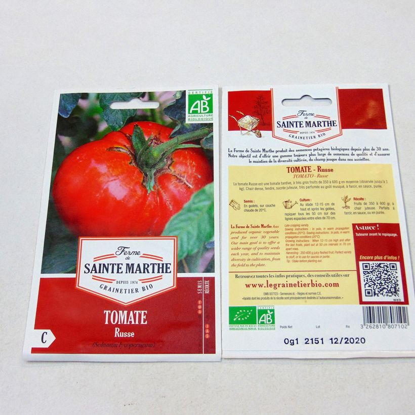 Example of Russian Red Organic Tomato - Ferme de Sainte Marthe seeds specimen as delivered