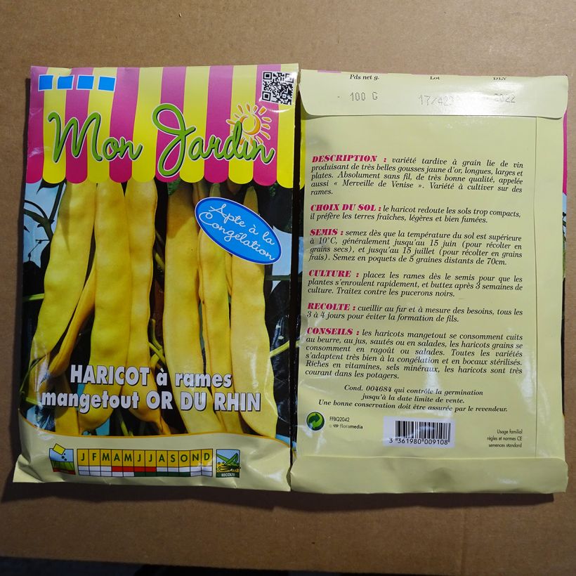 Example of Climbing French bean mangetout butter Merveille de Venise or Rhine Gold per pack of 200 seeds (100g) specimen as delivered