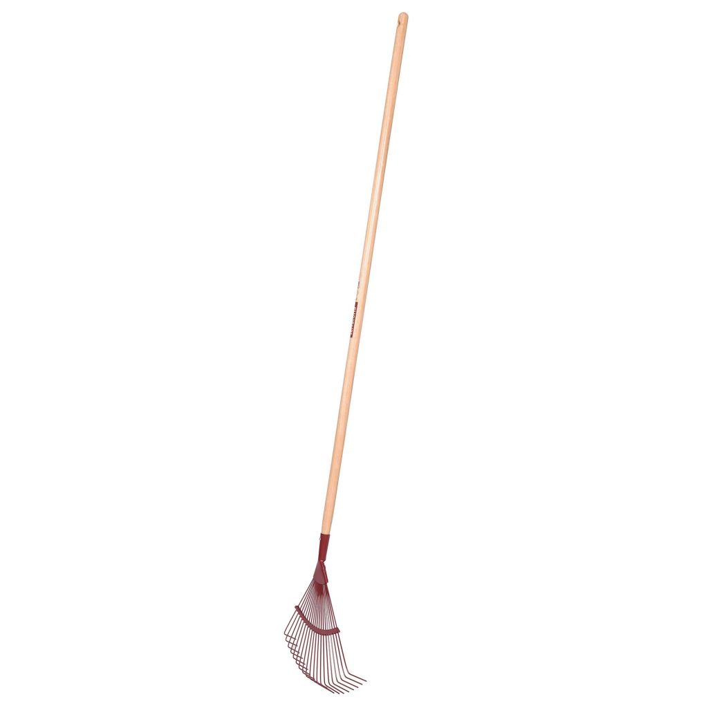 Round wire grass broom, terracotta, wooden handle, Leborgne brand.