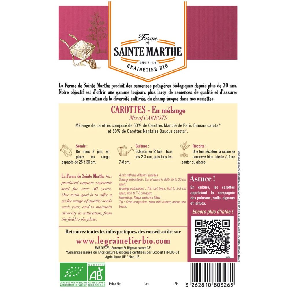 French Heirloom Carrot Mix - Ferme de Sainte Marthe seeds