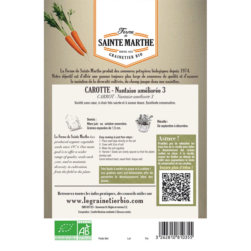 Carrot Nantes 3 - Ferme de Sainte Marthe seeds
