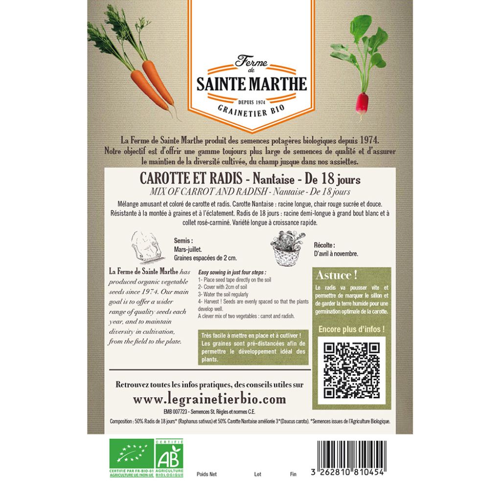 Radish and Carrot Mix (De 18 Jours, Nantes) - Ferme de Sainte Marthe seeds