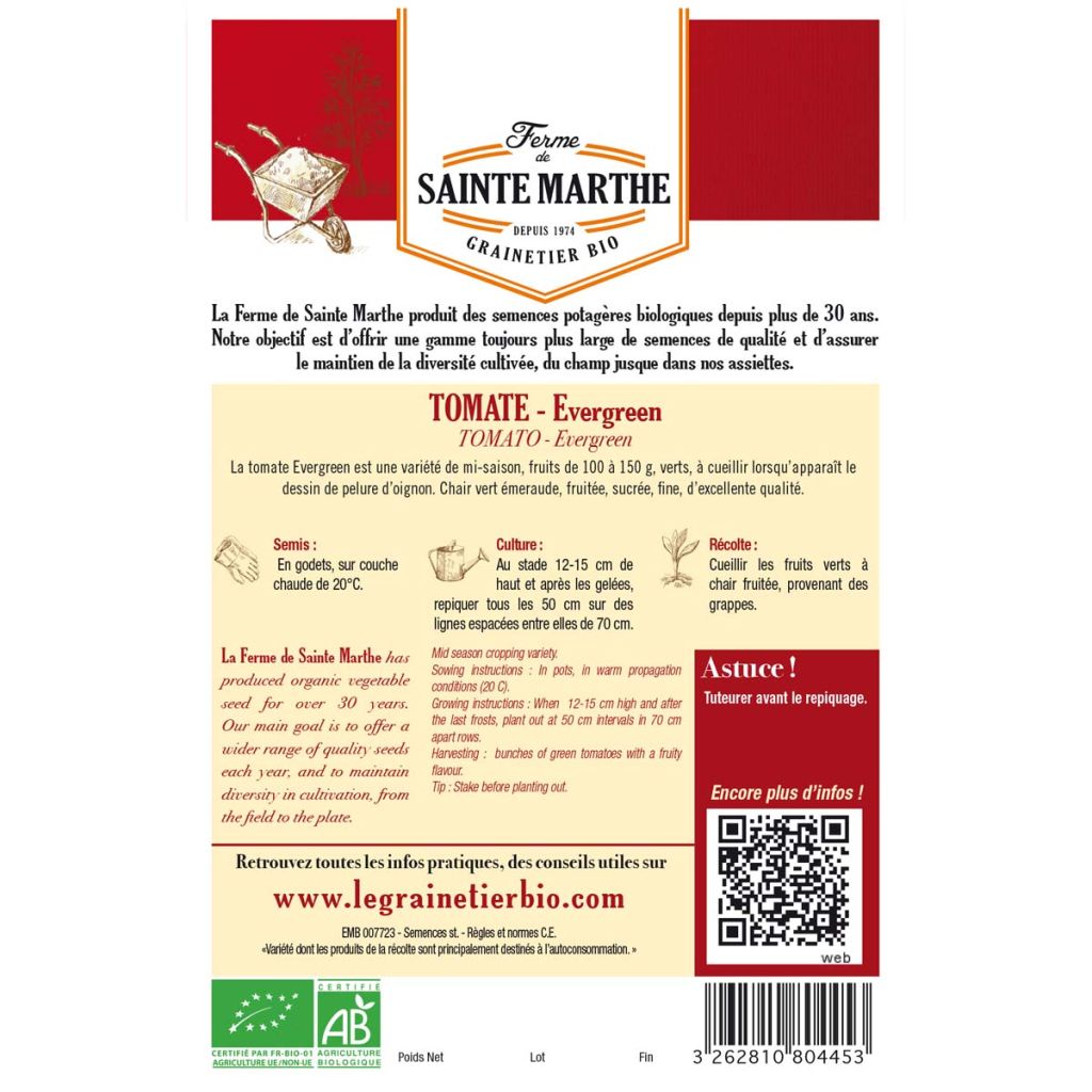 Evergreen Organic Tomato - Ferme de Sainte Marthe seeds