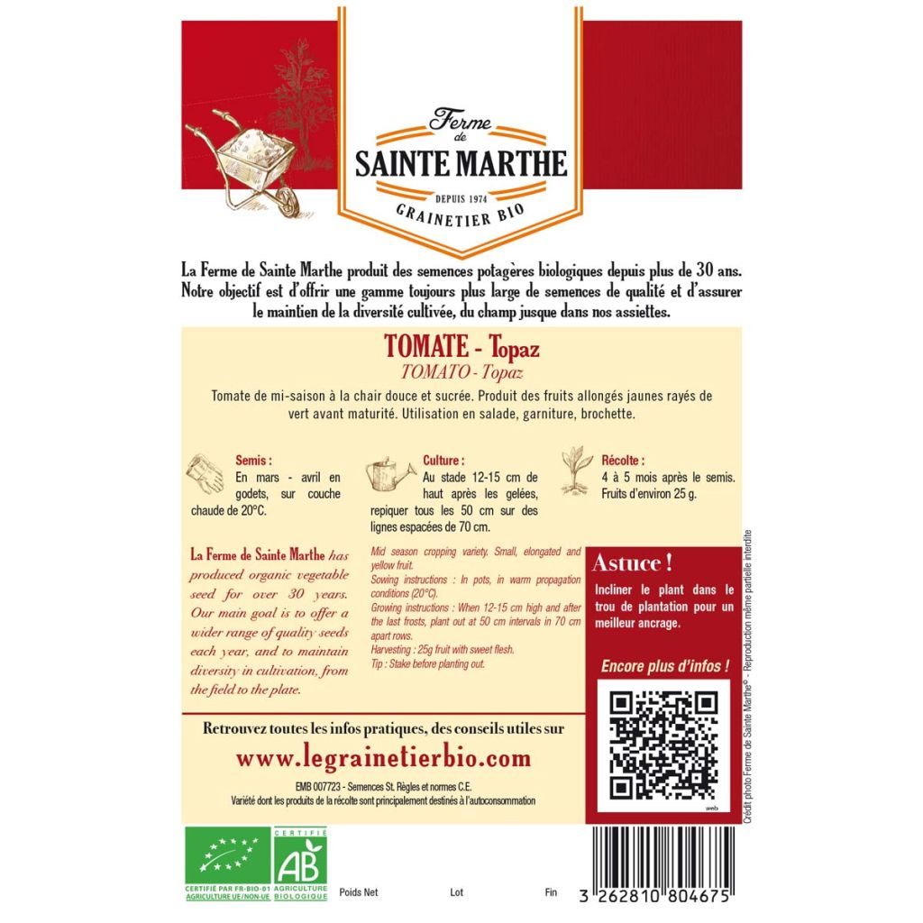 Topaz Organic Tomato - Ferme de Sainte Marthe seeds