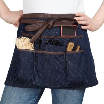 Short, denim blue pruning apron with a belt and 7 pockets, 100% cotton - Universal size